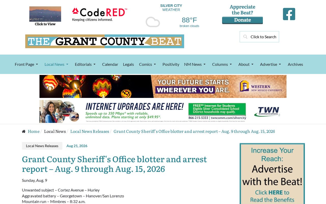 Grant County weekly arrest record release source
